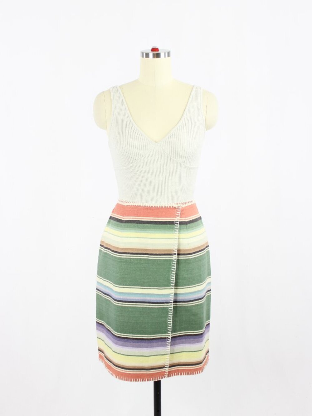 Vintage 90's KAREN KANE Green Blanket Striped Cotton Wrap Pencil Skirt, Size M